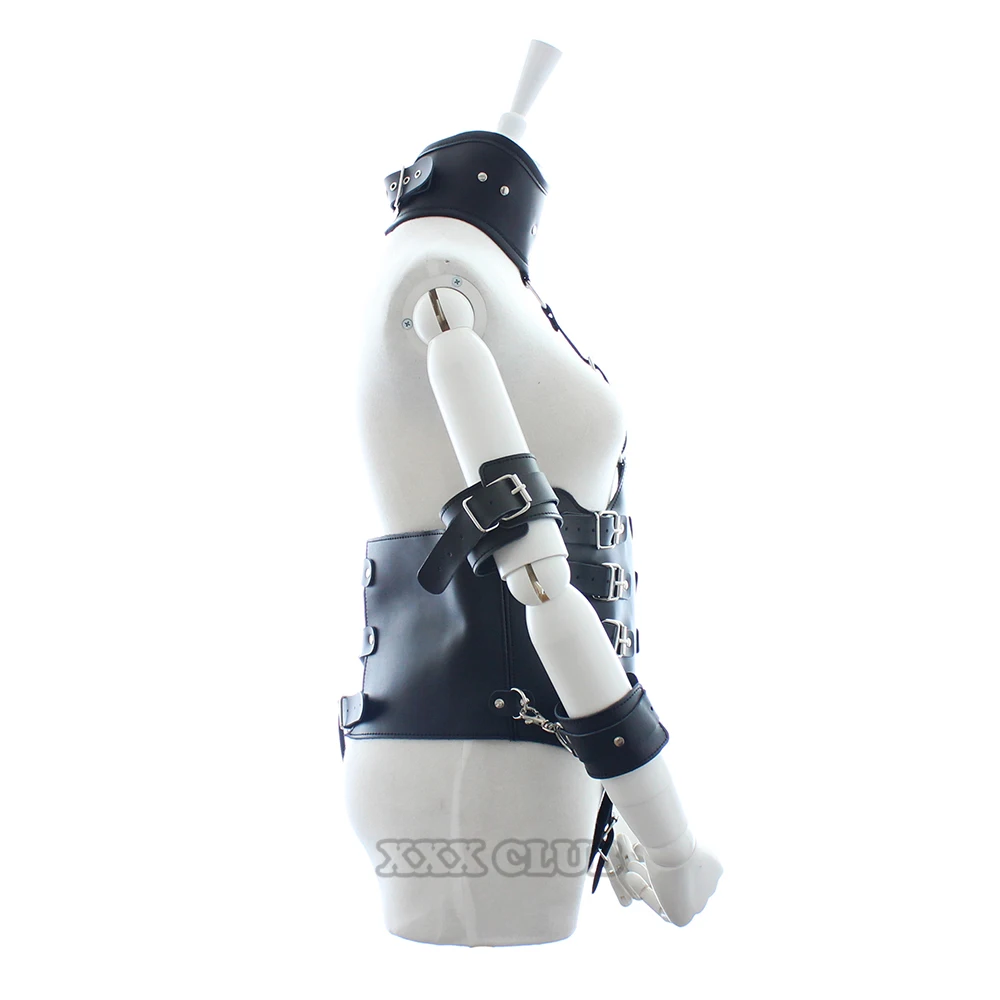 Puppy play Lockdown cincher corset, body bondage straitjacket with arm cuffs handcuffs neck collar, Harness toys for sex game