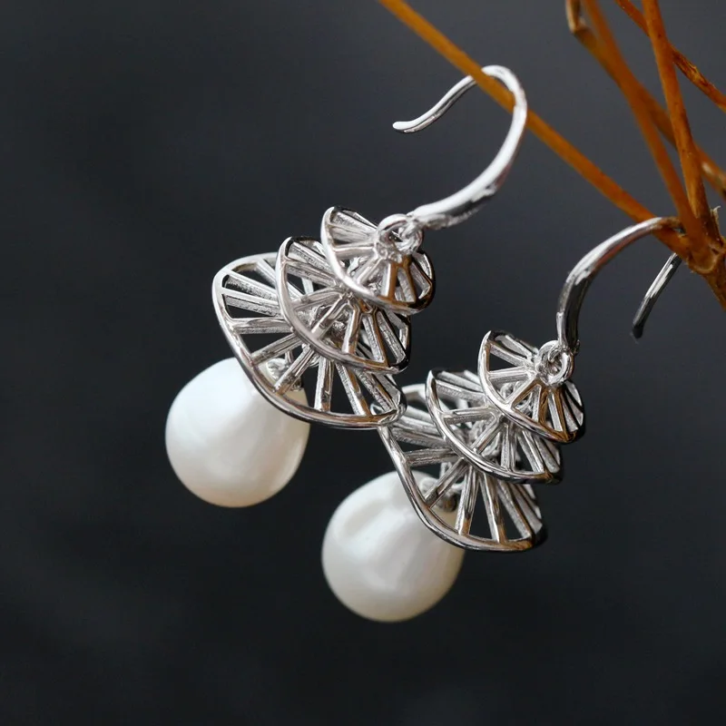 100%925 sterling silver with natural pearl earrings Fashion multilayer three-dimensional tassel silver earrings