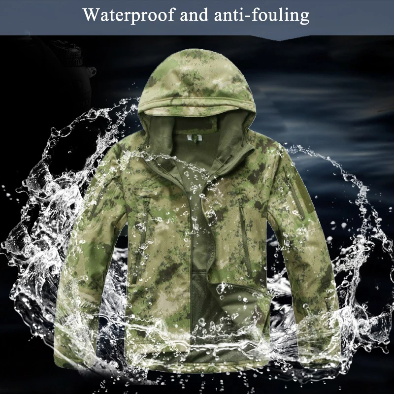 Winter Outdoor Waterproof Warm Camouflage Coat Tops Men Training Climbing Fleece Lining Thermal Hooded Jacket Clothing