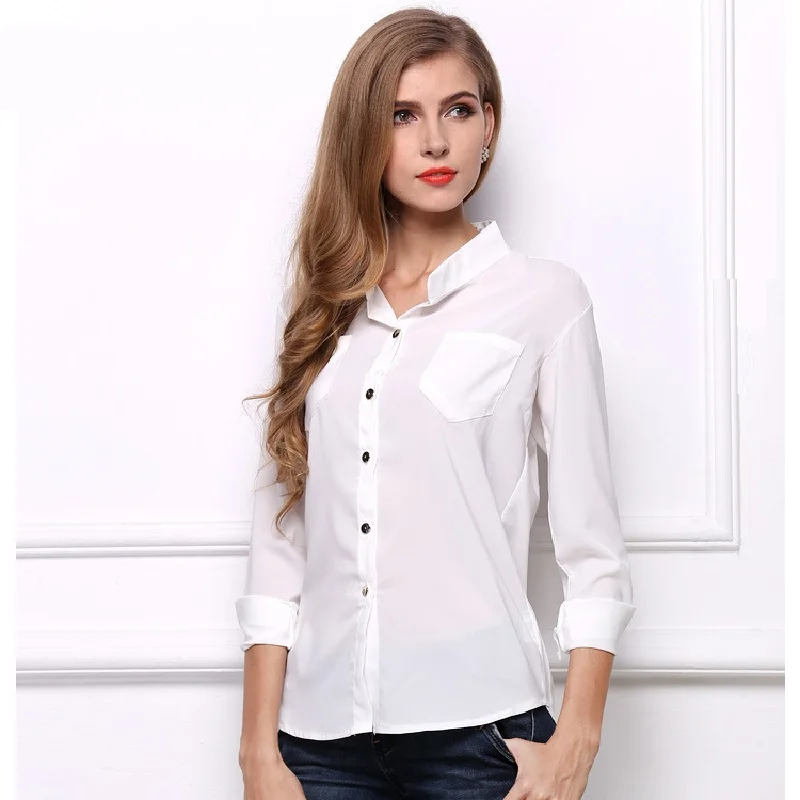 

2019 Casual Women blouses Long sleeve White Bottoming Shirt chiffon blouse