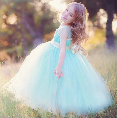 New Retail Girls Blue Long Tutus Dress Kids Fluffy Tulle Princess Wedding Flower Dress with Satin Bow Waist Children Party Tutus