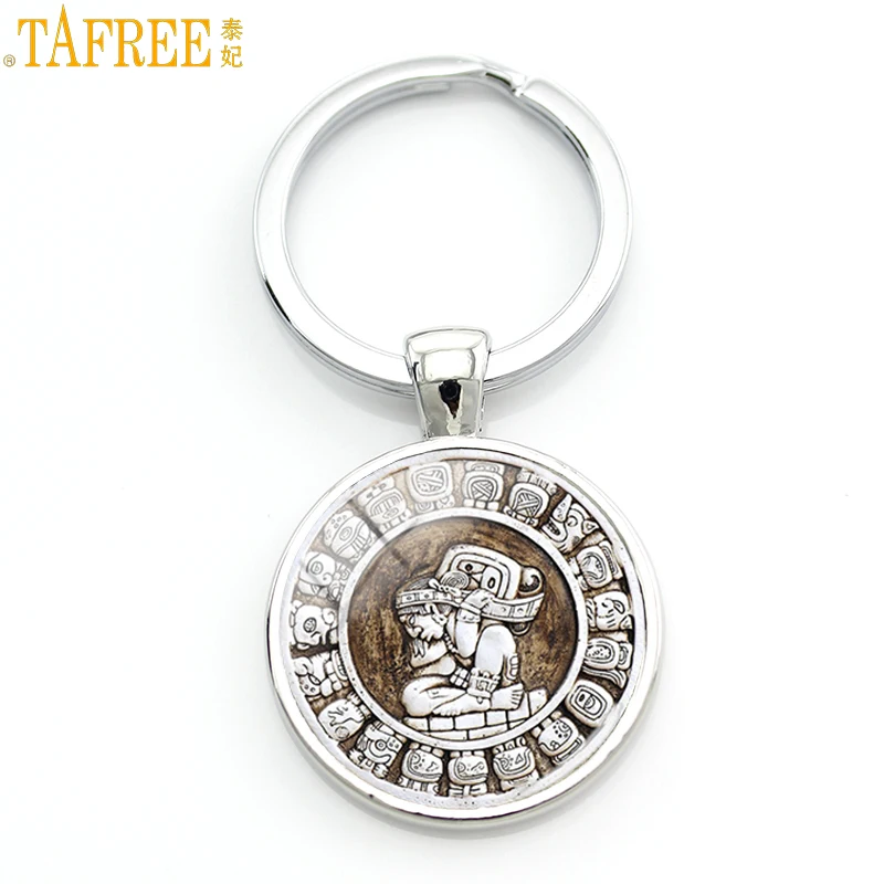 TAFREE glass cabochon dome Aztec Calendar keychain vintage Mayan sun Astronomy art key chain ring holder men women jewelry CT712