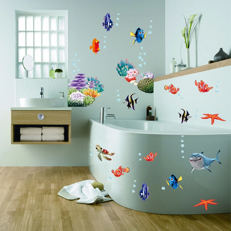 Autocollants muraux dessin animé poisson Sealife pour chambre d\'enfants salle de bains décoration de la maison imperméable Animal plinthe murale Art