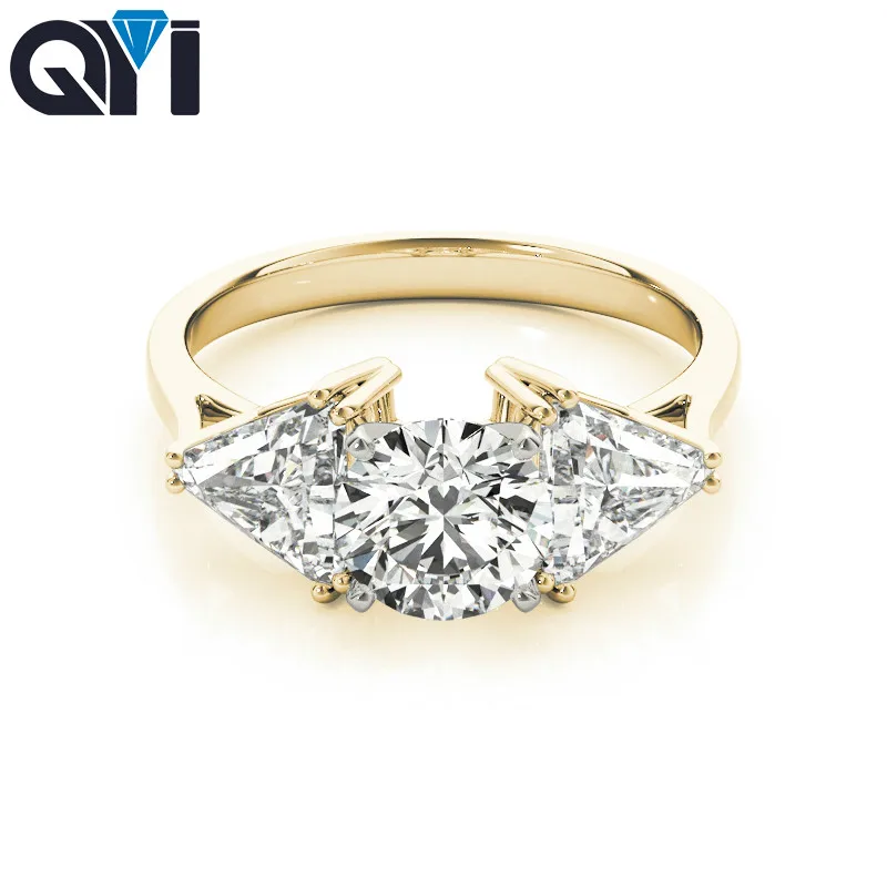 

QYI Women Three Stone Engagement Ring Round 1 Ct Moissanite 14k Yellow Gold Wedding Band Women