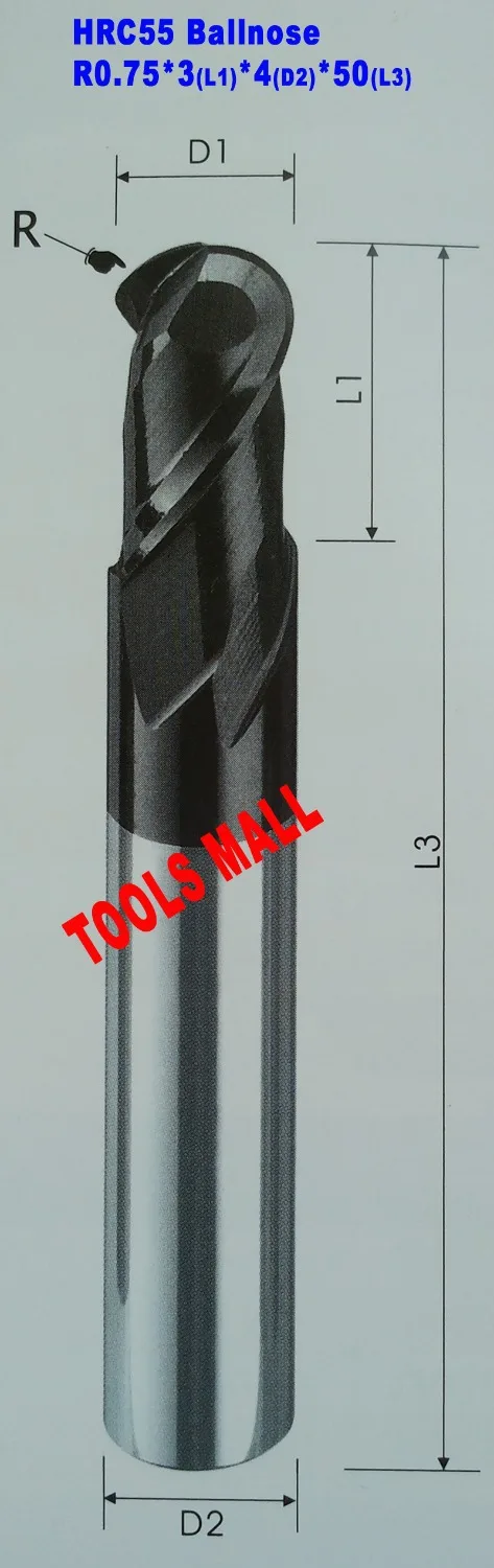 

10pcs/lot Radius 0.75mm x 4mm diameter x 50mm long HRC55 Tungsten Solid Carbide Ball nose End Mills 2 Flutes