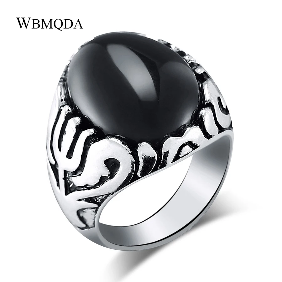 2018 New Vintage Jewelry Wholesale Big Black Resin Stone Textured Silver Color Ring Men Fashion Accessories Drop Shipping