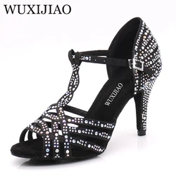 WUXIJIAO Women Party Dance Shoes  Satin Shining rhinestones Soft Bottom Latin Dance Shoes Woman Salsa Dance Shoes heel5CM-10CM