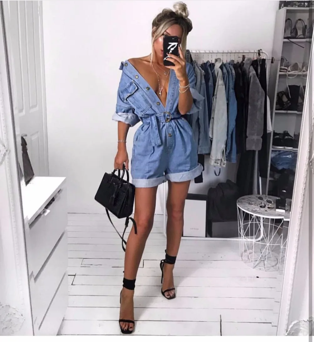 Wanita Musim Panas Kasual Denim Baju Monyet Jeans Keseluruhan Tinggi Pinggang Bf Lebar Kaki Jumper Kerah Saku Celana Pendek Jumpsuit Playsuit Baju