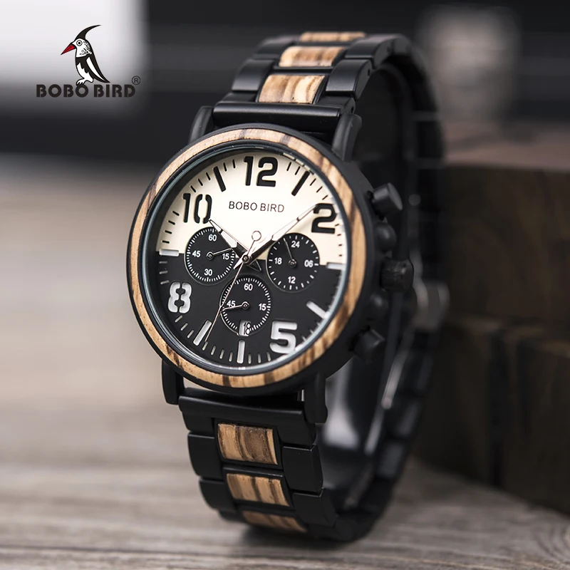 Bobo Vogel Houten Rvs Horloge Mannen Spatbestendig Uurwerken Chronograaf Horloges Logio Masculino Custom Heren Geschenken