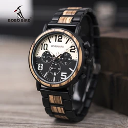 BOBO BIRD Wooden Stainless Steel Watch Men Splash Resistant Timepieces Chronograph Watches relogio masculino Custom Men's Gifts