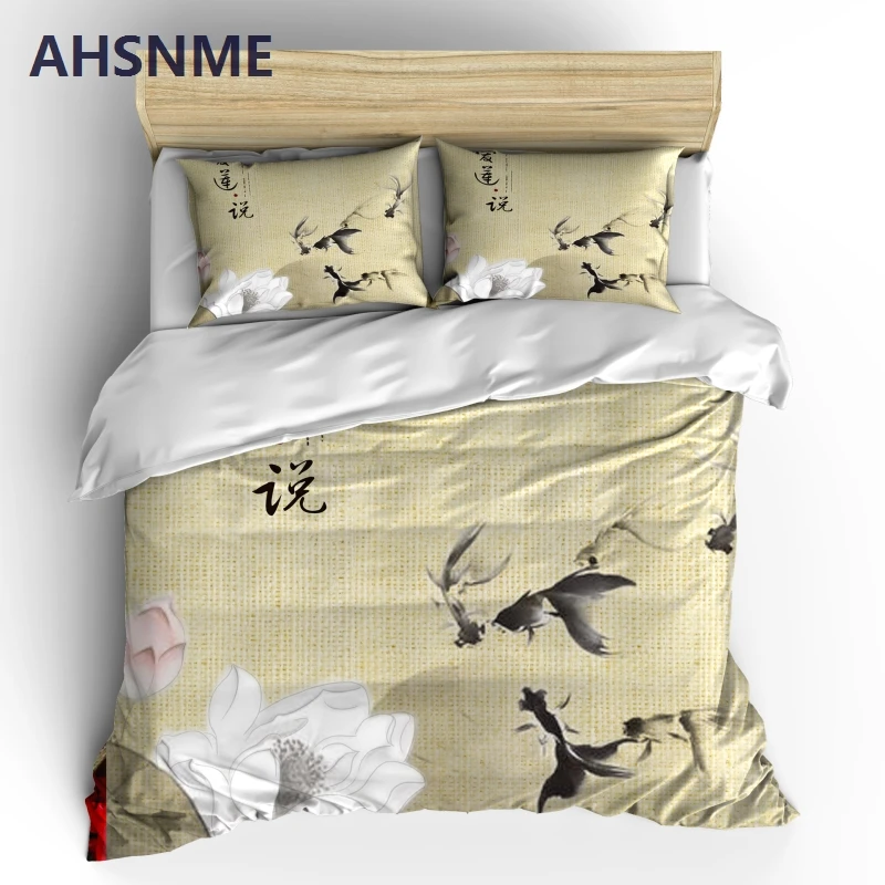 AHSNME Elegant Lotus Bedding Sets Chinese Painting Duvet Cover Pillowcase 2/3pcs Bed Set Flower Bedlinen Queen King Size