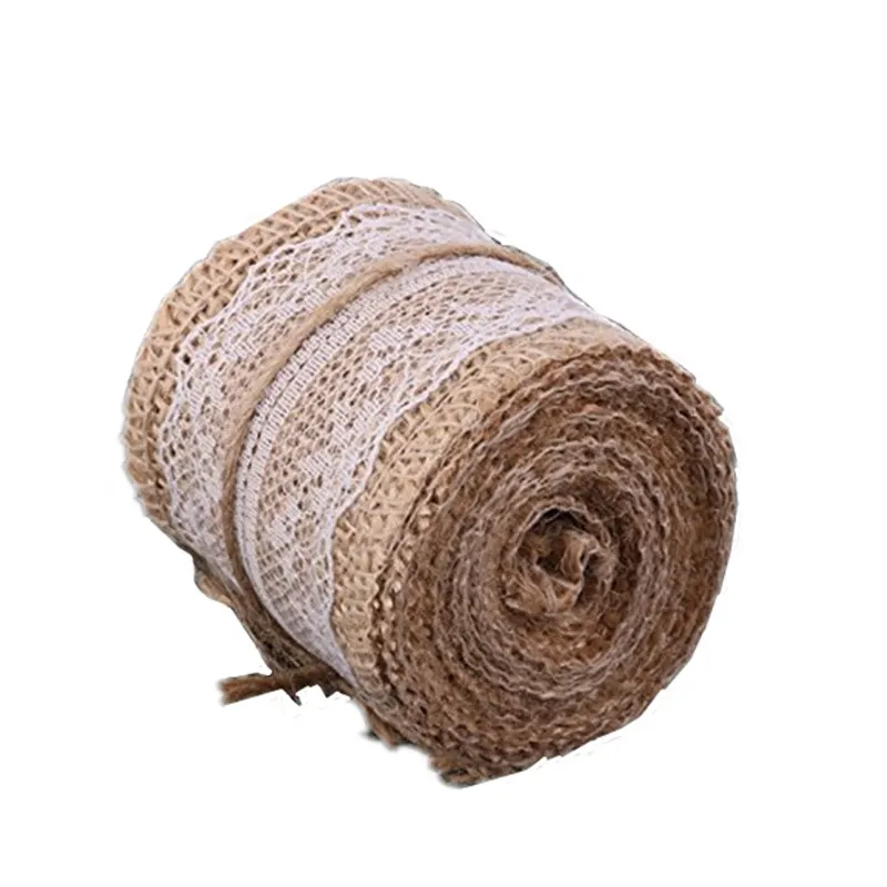 Natural Jute 2m Burlap Hessian Ribbon with Lace Detail,  5cm Widths Party Wedding Decoration Lace Trim  AA8002