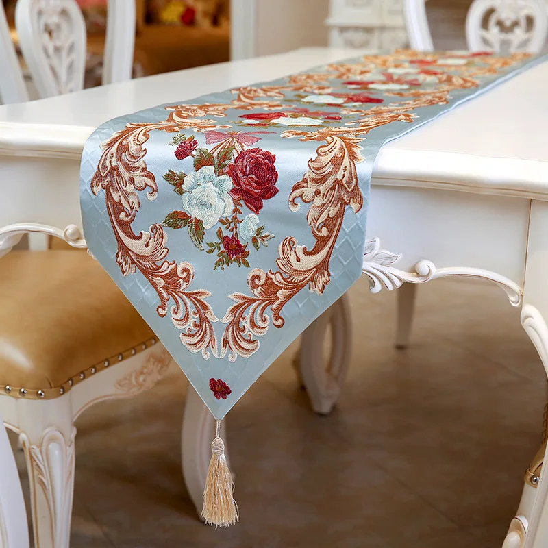 Free Shipping Newest Design European Classics Butterfly Knot Flower Blue Table Runner Home Hotel Wedding Embroidered Table Flag