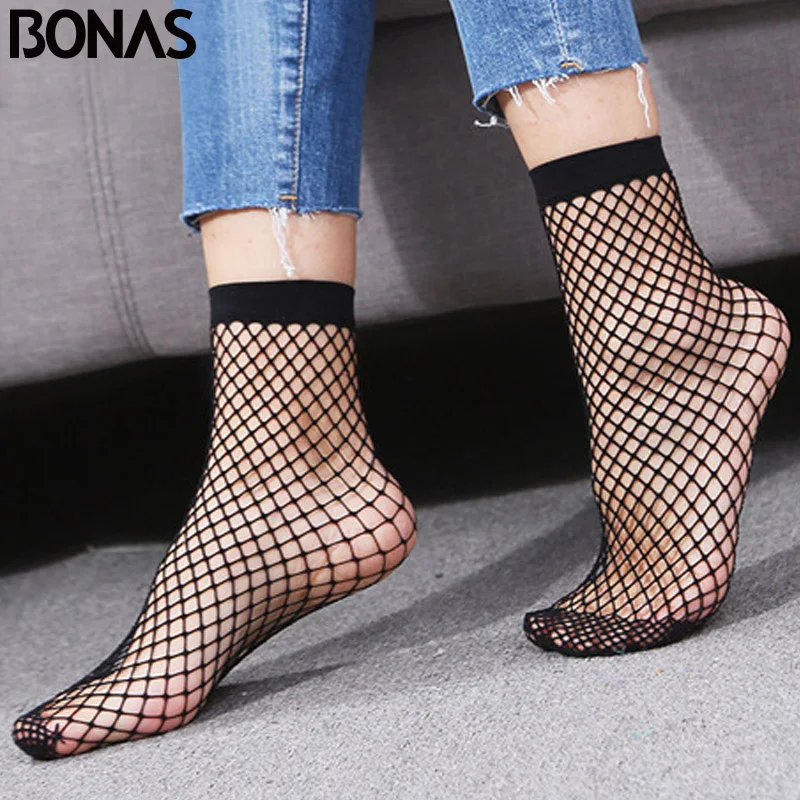 BONAS Cheap Fishnet Short Socks Women Summer Invisible Black Nylon Mesh Socks Female Solid Color Transparent Woman Socks