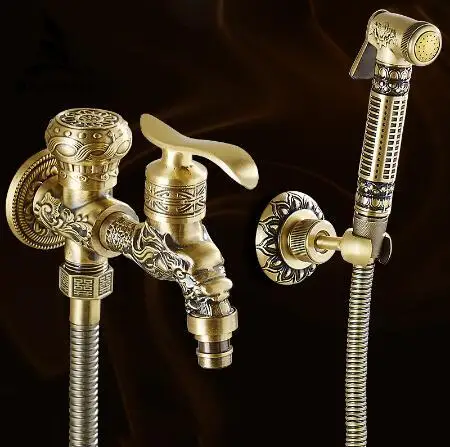 Antique Brass Bidet Faucet Wall Mounted Bathroom Shower Toilet Washing machine Faucet Cold Water with Hand shower Bracket