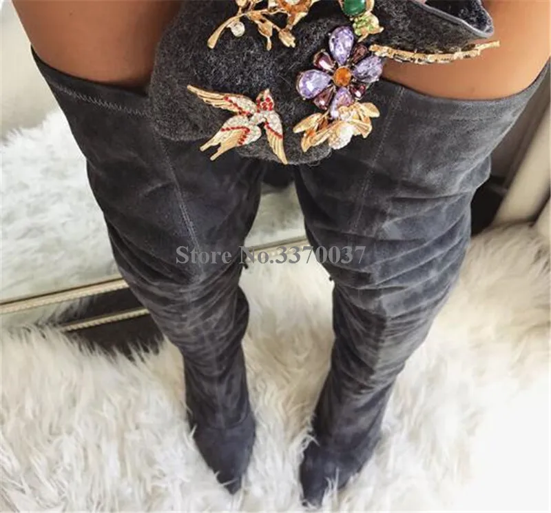 Linamong Women Fashion Pointed Toe Suede Leather Over Knee Thin Heel Boots Dark Grey Slim Style Long High Heel Boots Club Shoes image 6