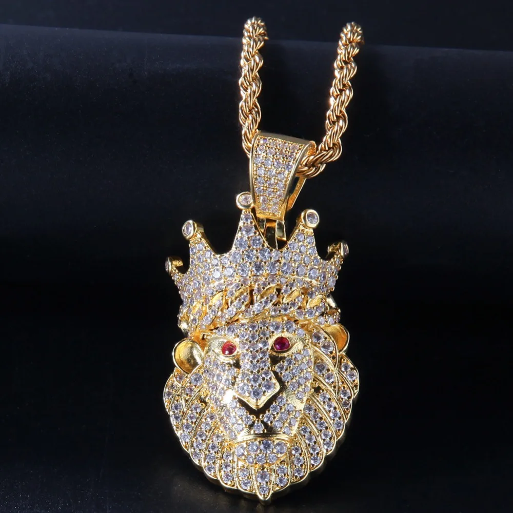 

Hip Hop AAA CZ Zircon Paved Bling Iced Out Crown Lion Animal Pendants Necklace for Men Rapper Jewelry Gold Color Drop Shipping