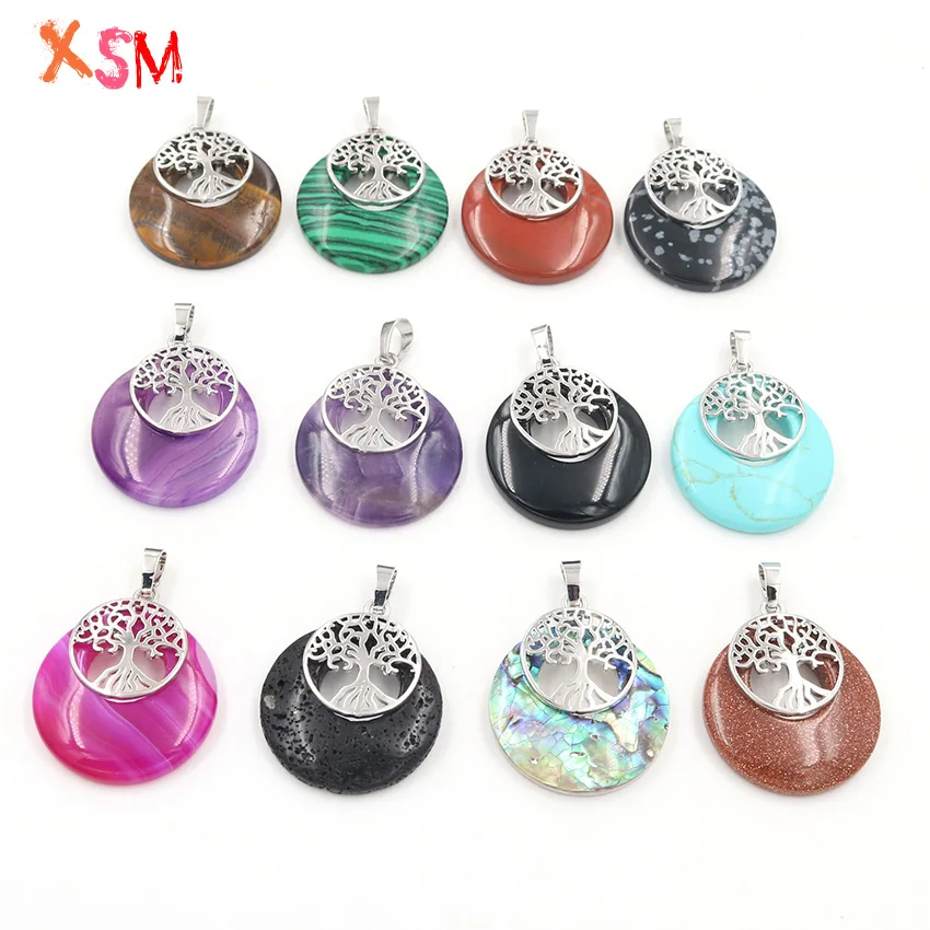 xinshangmie Fashion Style Natural Amethysts Opal Stone etc Round Hollow Pendant Tree of life Reiki Healing Charms Women Jewelry