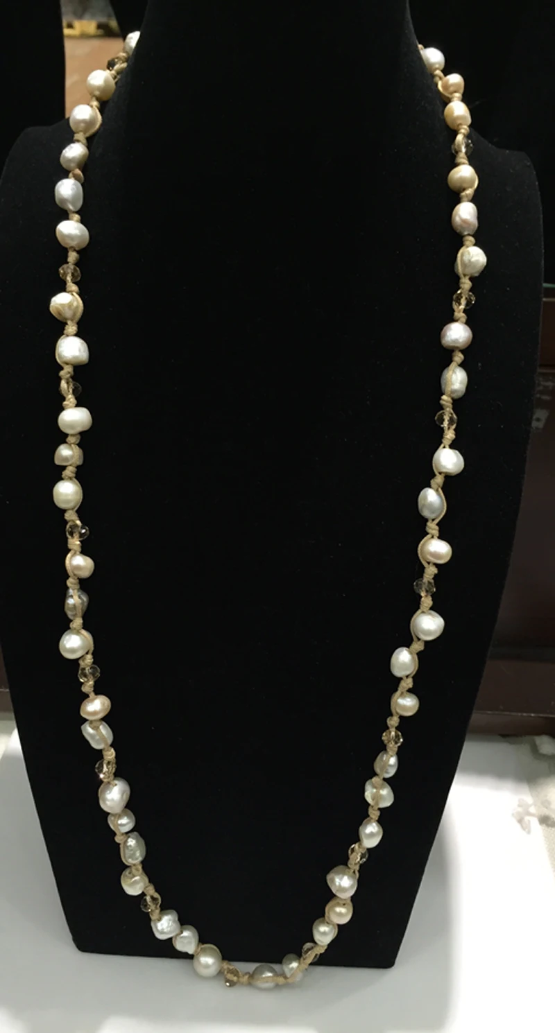 Casual Sporty Baroque Long Fresh water Pearl and Crystal necklace  Trendy Jewelry for women  beige color wax rope