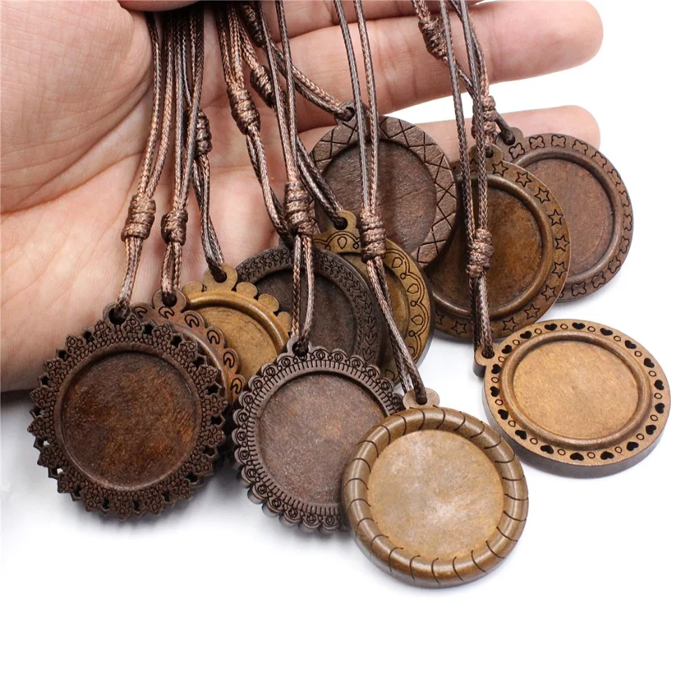 Fit 25mm Cabochons brown Wood Necklace Base blank Wooden Pendant Trays Diy Jewelry Accessories for Necklace Making 2 Strands