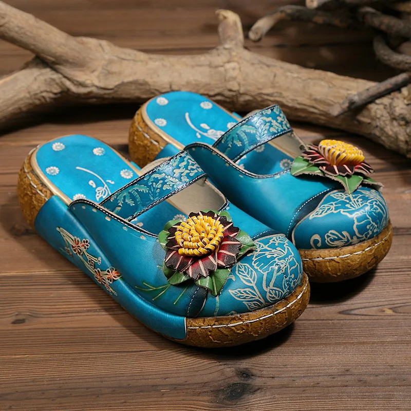 GKTINOO Flower Slippers Genuine Leather Shoes Handmade Slides Flip Flop On The Platform Clogs For Women Woman Slippers