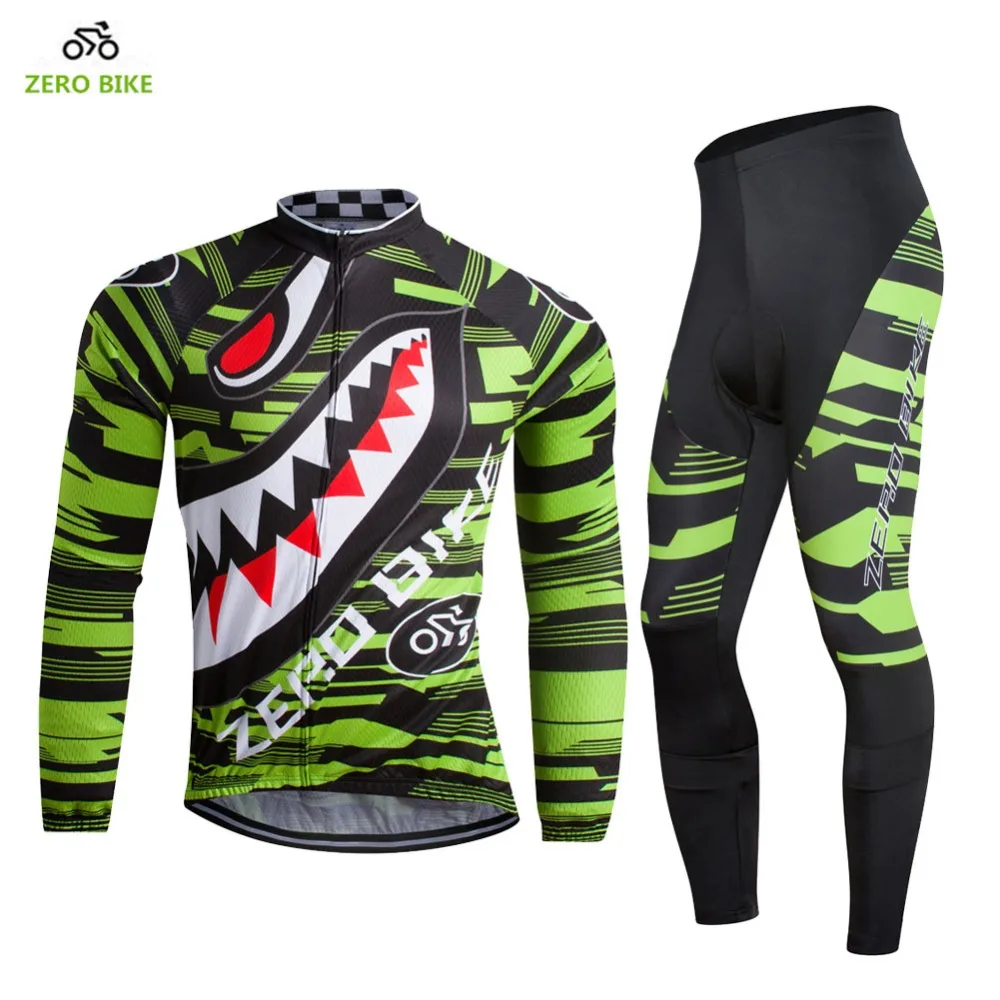 ZERO BIKE New Outdoor Men's Breathable Cycling Jersey set Long Sleeve 3D Gel Pad Bike clothing Green/Grey