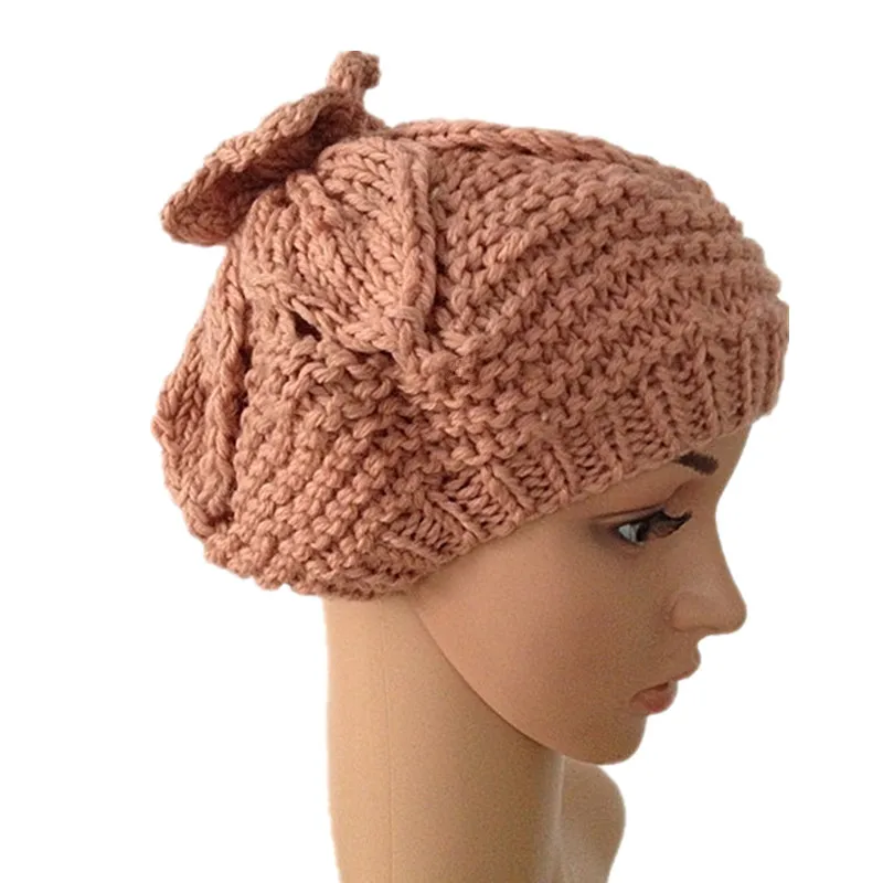 

BomHCS Autumn Winter Flower Hat 100% Handmade Knitted Hats Women Warm Cap