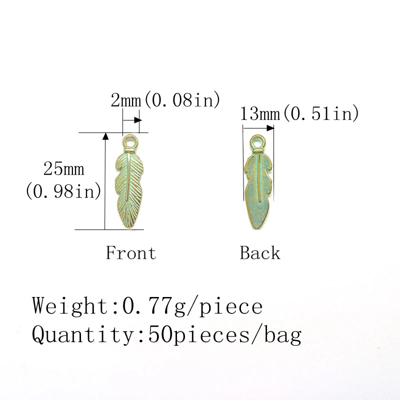 New 50pcs/bag 25MM New Retro Patina Plated Zinc Alloy Green Feather Charms For DIY Jewelry Accessories