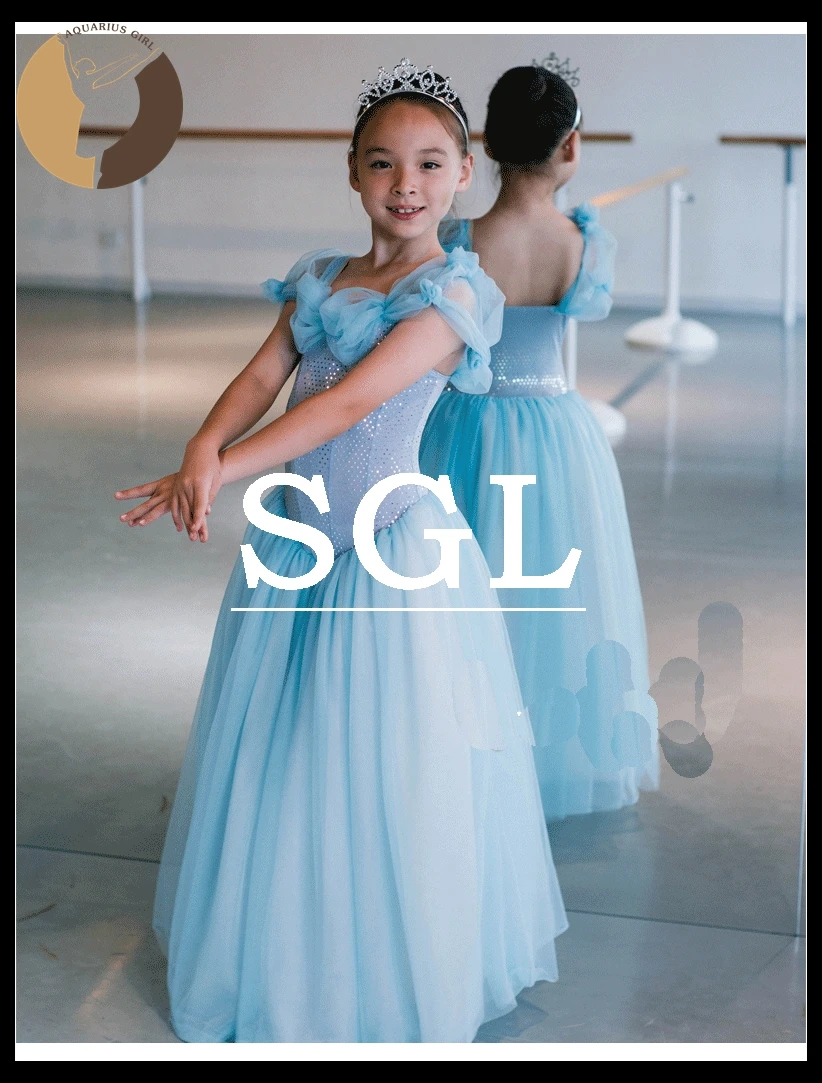 Sky Blue Color Child Long Dress Cinderella Costumes Kids Full Dresses Girls Pettiskirt 80 cm-135cm Performance Dance Clothes1761