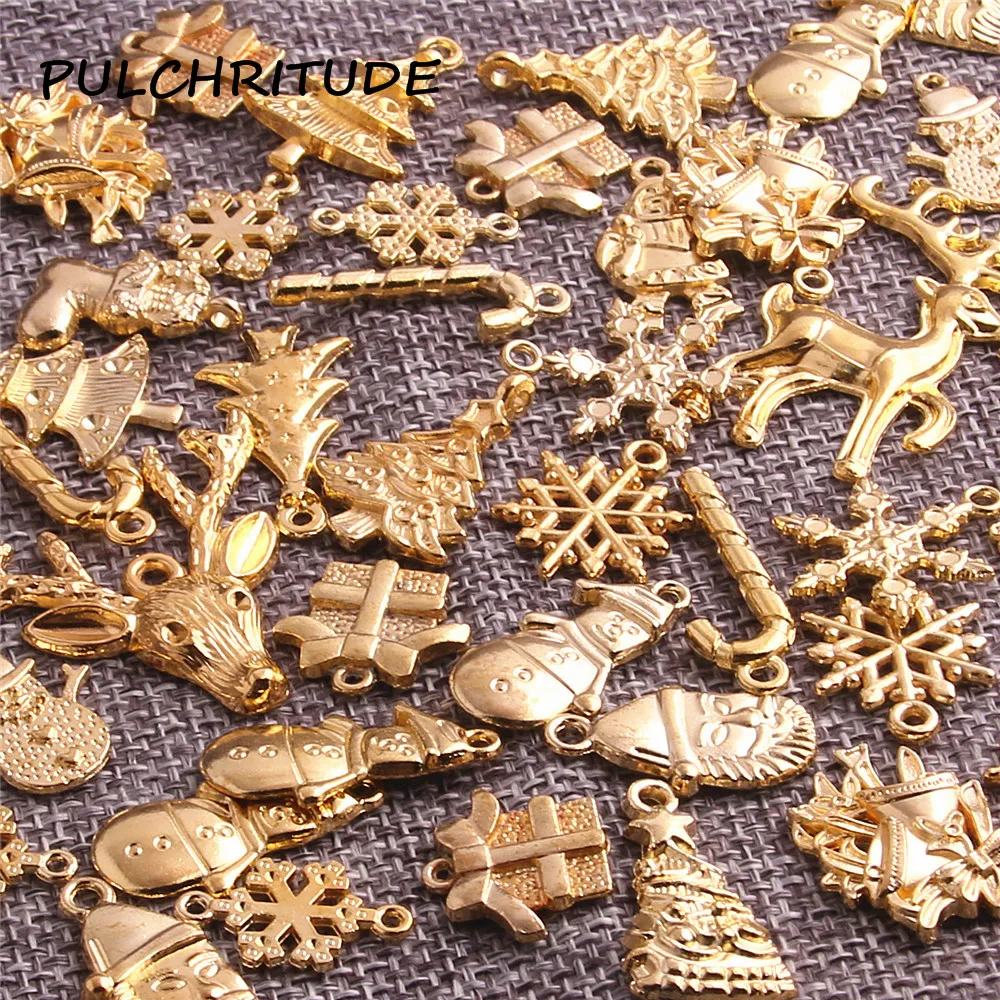 PULCHRITUDE 60pcs Gold Color Christmas Charm Christmas Tree Pendant Deer Snowflakes Charm Mix Charms Diy Jewelry Making c1978