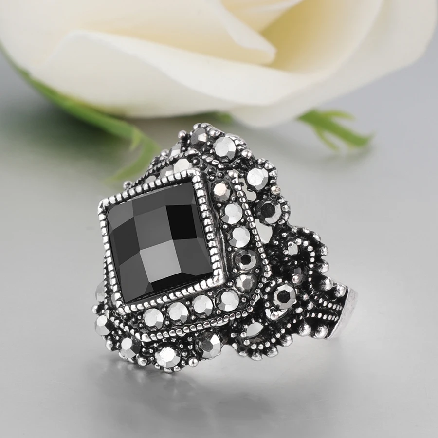 Wbmqda Vintage Big Black Stone Rings For Women Size 7 8 9 10 Tibetan Silver Gray Crystal Flower Boho Jewelry Anel