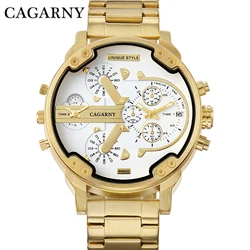 Cagarny Cool Big Case Watch Men Quartz Wrist Watches Golden Steel Band Dual Times Military Relogio Masculino Casual Clock Men