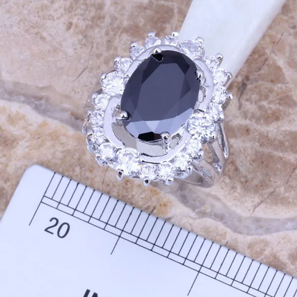 Black Cubic Zirconia White CZ Silver Plated Jewelry Sets Earrings Pendant Ring Size 6 / 7 / 8 / 9 / 10 S0049