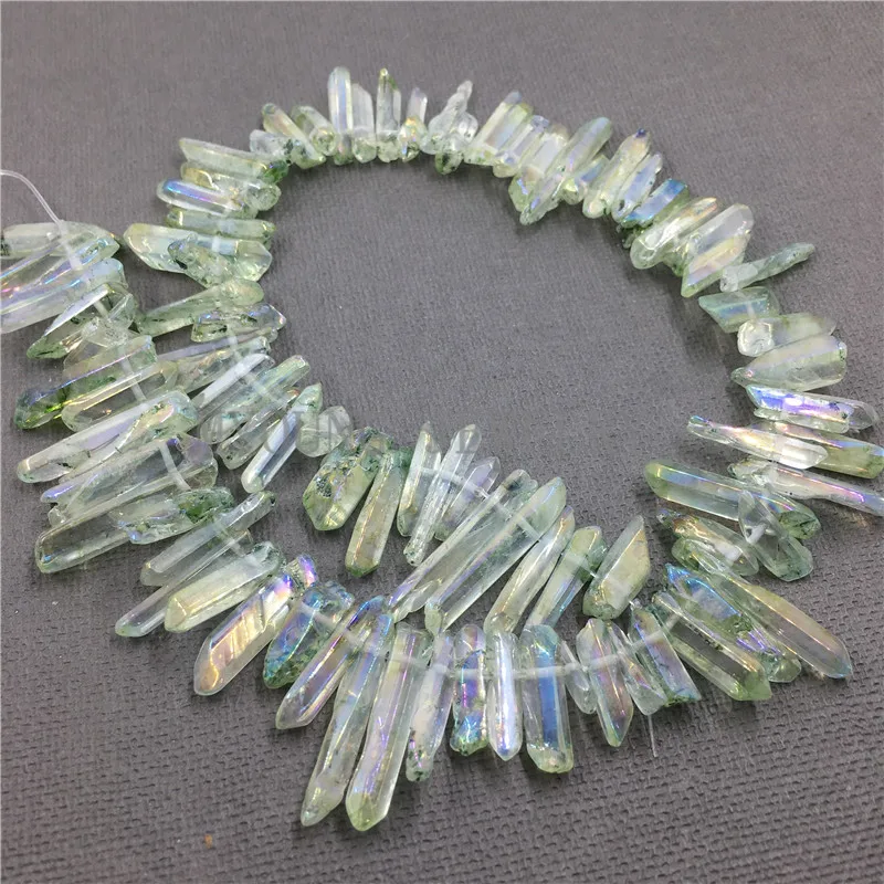 MY0770 Light Green Crystal Quartz Metal Titanium Stick Beads,Polished Quartz Healing Spike Point Beads,Raw Quartz Hole Beads