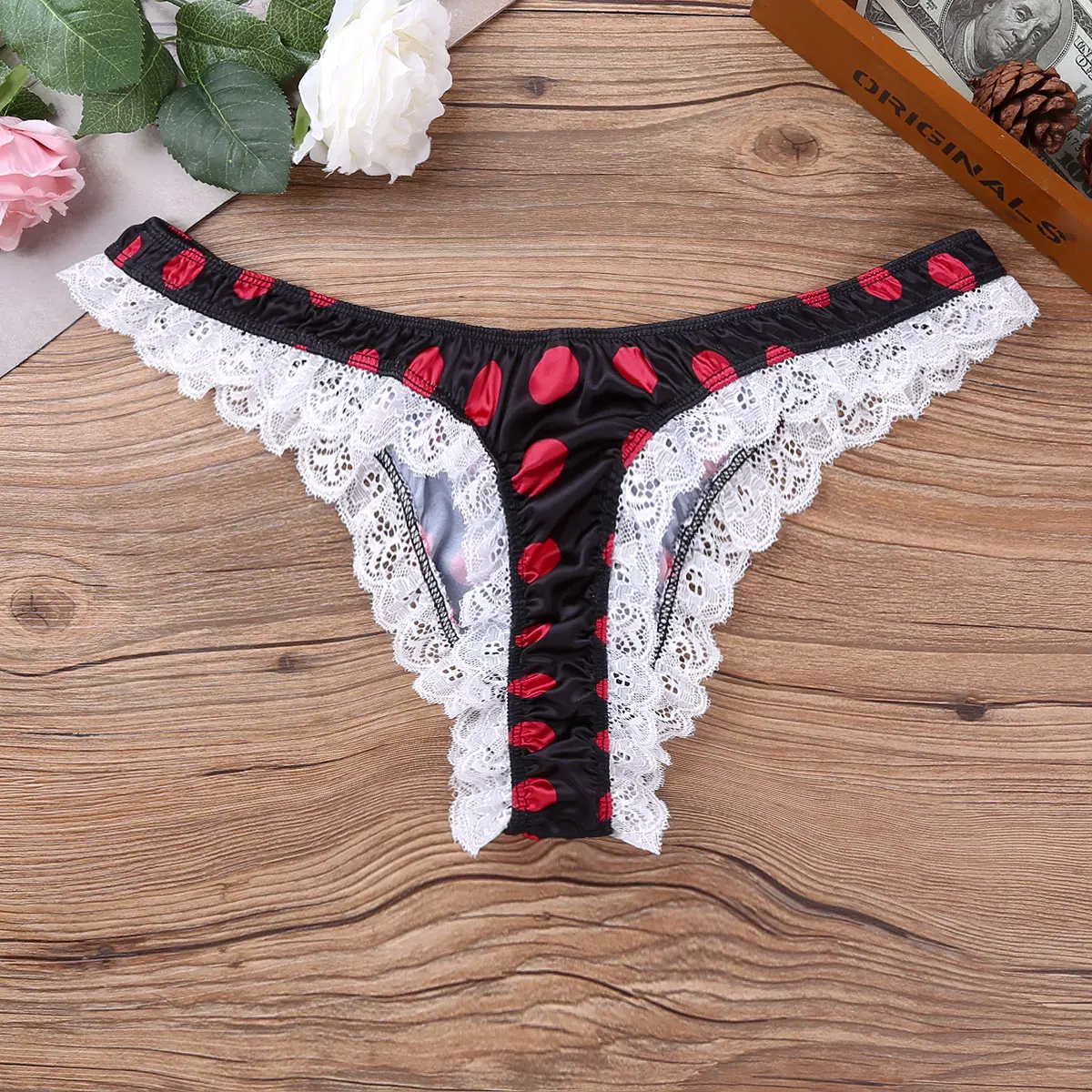 Men Low Rise Lingerie High Cut Ruffle Lace Polka Dots Bikini Briefs Gay Swimwear G-string Thong Hot Sexy Underwear Sissy Panties