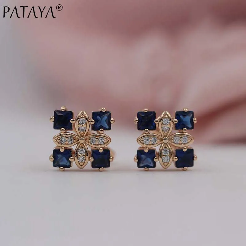 PATAYA Women Four Square Luxury Earrings 585 Rose Gold Color Natural Zircon Earrings Wedding Jewelry Bridal Party AAA Earrings