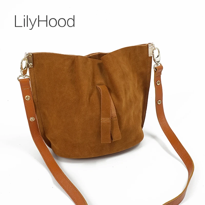 LilyHood 2024 Women Real Leather Messenger Bag Casual Vintage Simple Trendy Bucket Brown Nubuck Suede Feminine Over Shoulder Bag