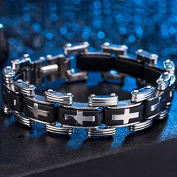 Silver Alloy Bracelet For Men Stainless Steel Cross Black Silica Gel Bangle Punk Style Fashion Metal Jewelry Pulseira Masculina