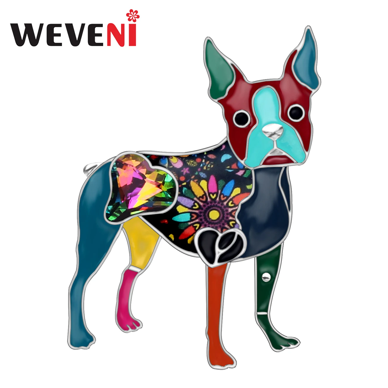 WEVENI Enamel Alloy Rhinestone Boston Terrier Dog Brooches Pin Cute Animal Jewelry For Women Girls Gift Scarf Decorations Bijoux