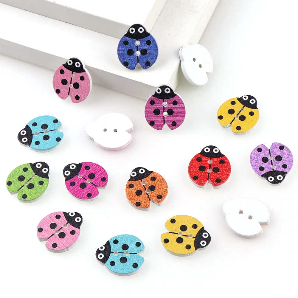 50PC 16x18mm Mixed Color 2 Holes Decorative Buttons Lovely Ladybug Cartoon Animals Wood Buttons Sewing Scrapbooking