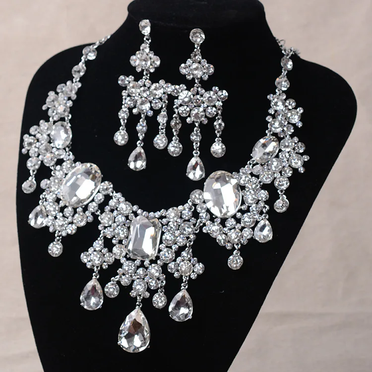 African Beads Jewelry Sets Big Rhinestone Water Drop Statement Necklace Earrings Set Classic Indian Crystal Bridal Jewelry Set