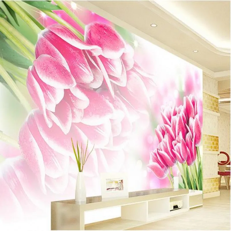 

beibehang Customize size High Quickly HD mural 3d wall paper Pink tulips mew europe papel de parede wallpaper for walls 3 d