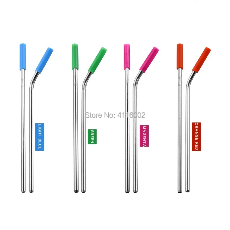 200pcs Reusable Stainless Steel Long Straws with Silicone Sleeve Tip Straight Bent Drinking Straw Barware Tool