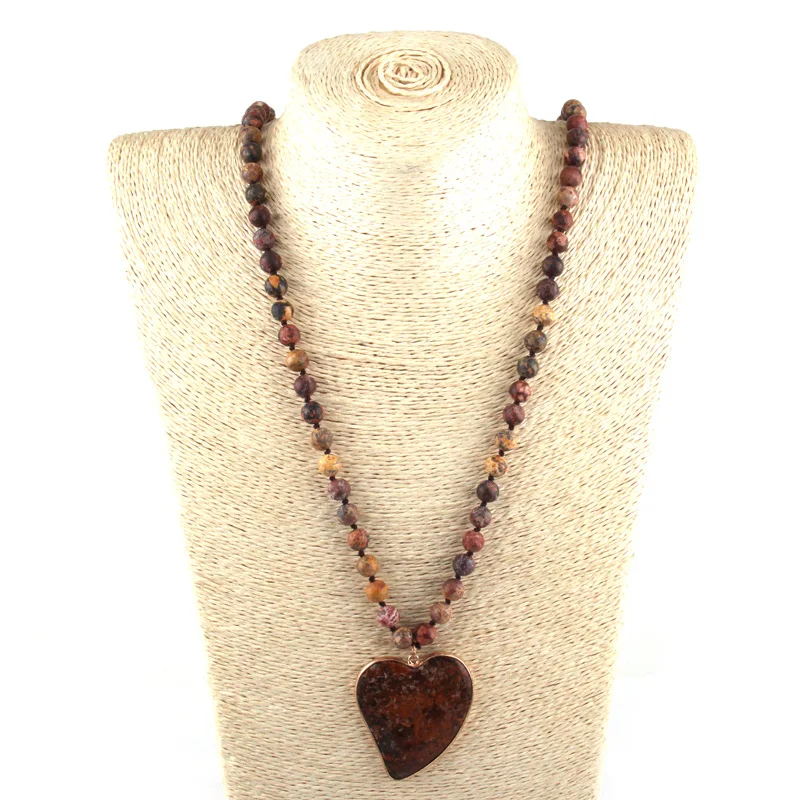 New Fashion Bohemian Jewelry Natural Tiger Eye Stone Knotted Brown Stone heart Pendant Women Necklace