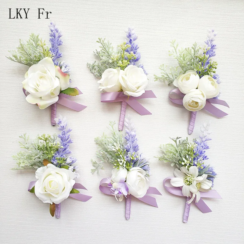 LKY Fr boda Boutonniere Pin blanco seda Rosa muñeca ramillete pulsera dama de honor flor novio broche boda puño muñeca ramillete