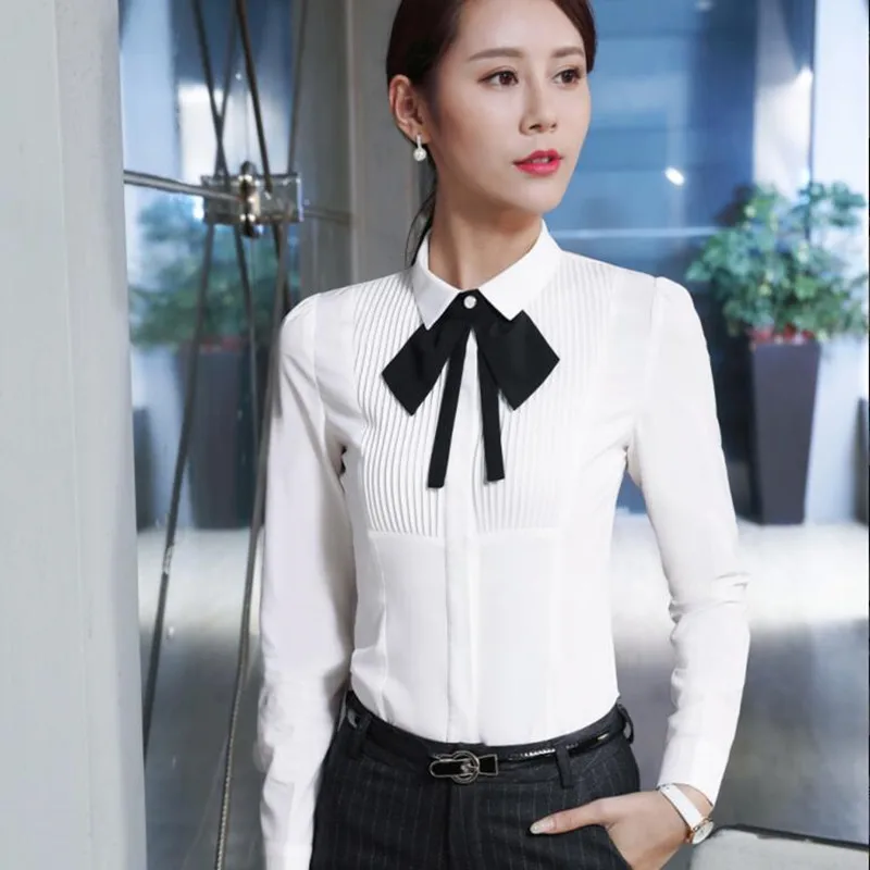 New Spring Elegant Bow Tie Women White Shirt OL Formal Slim Long-Sleeve Chiffon Blouses Office Ladies  Work Wear Tops