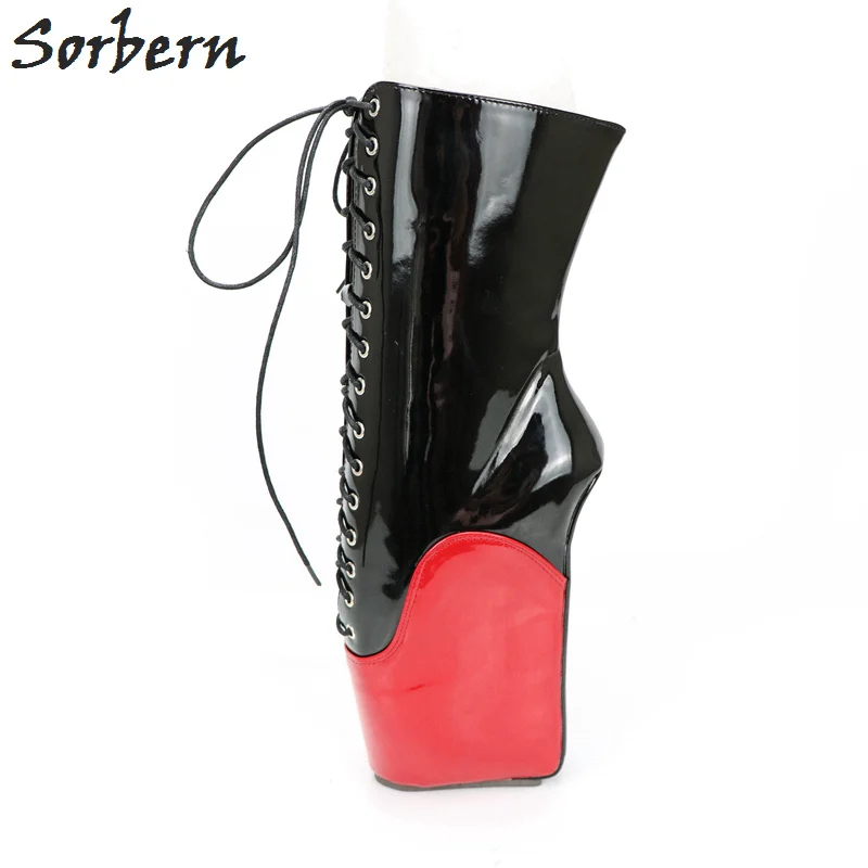 Sorbern Ballet Wedge Boots Mid Calf Hoof Sole Heelless Boots For Women Sexy Fetish Shoes Ballet Toe Lace Up Black Red Patent