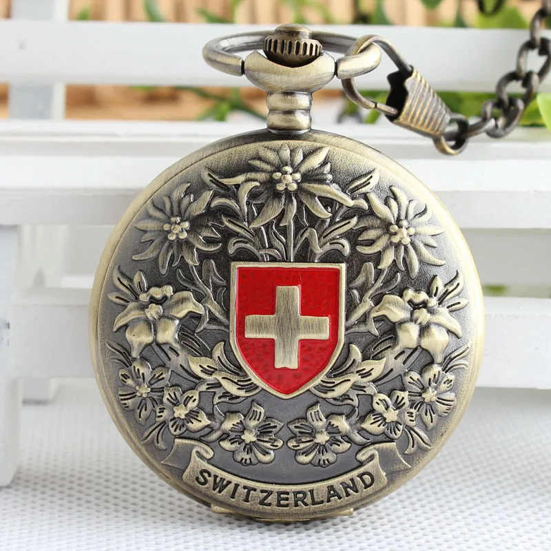 Bronze Antique Mechanical Pocket Watch Retro Swiss Red Cross Classic Men's and Women Bronze Tone for Birthday Gift 3XJ054