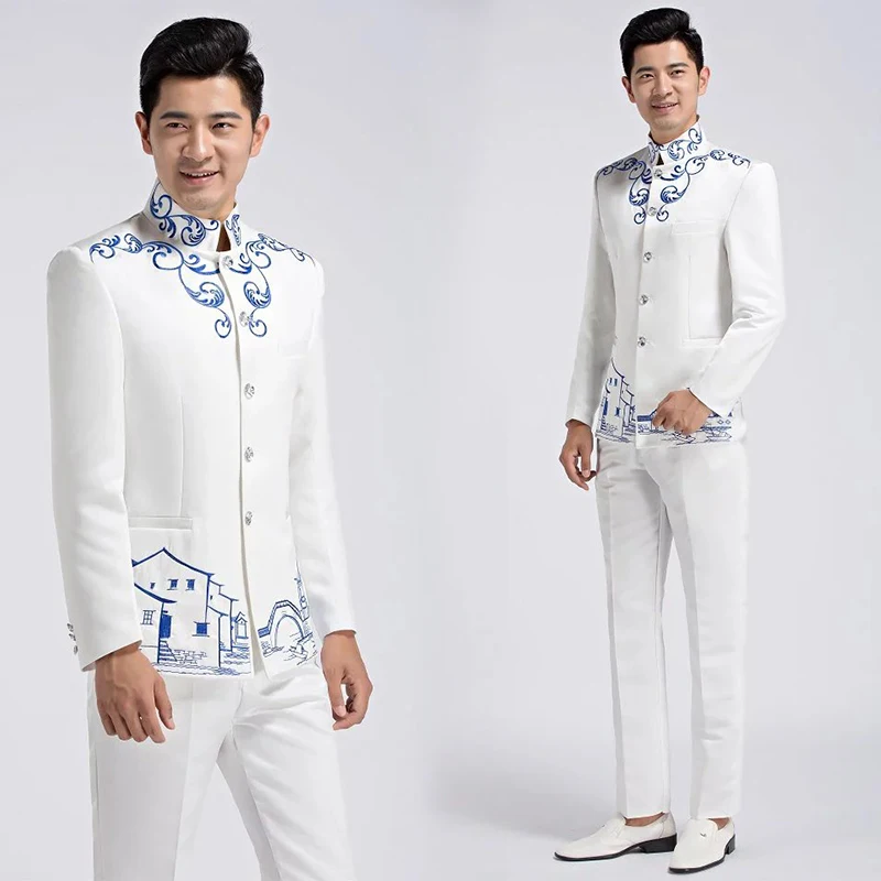 Zhong shan suits Jacket + trousers Choral Uniform fashion young man Chinese style suits Wedding Stand Collar Tang Clothing Male