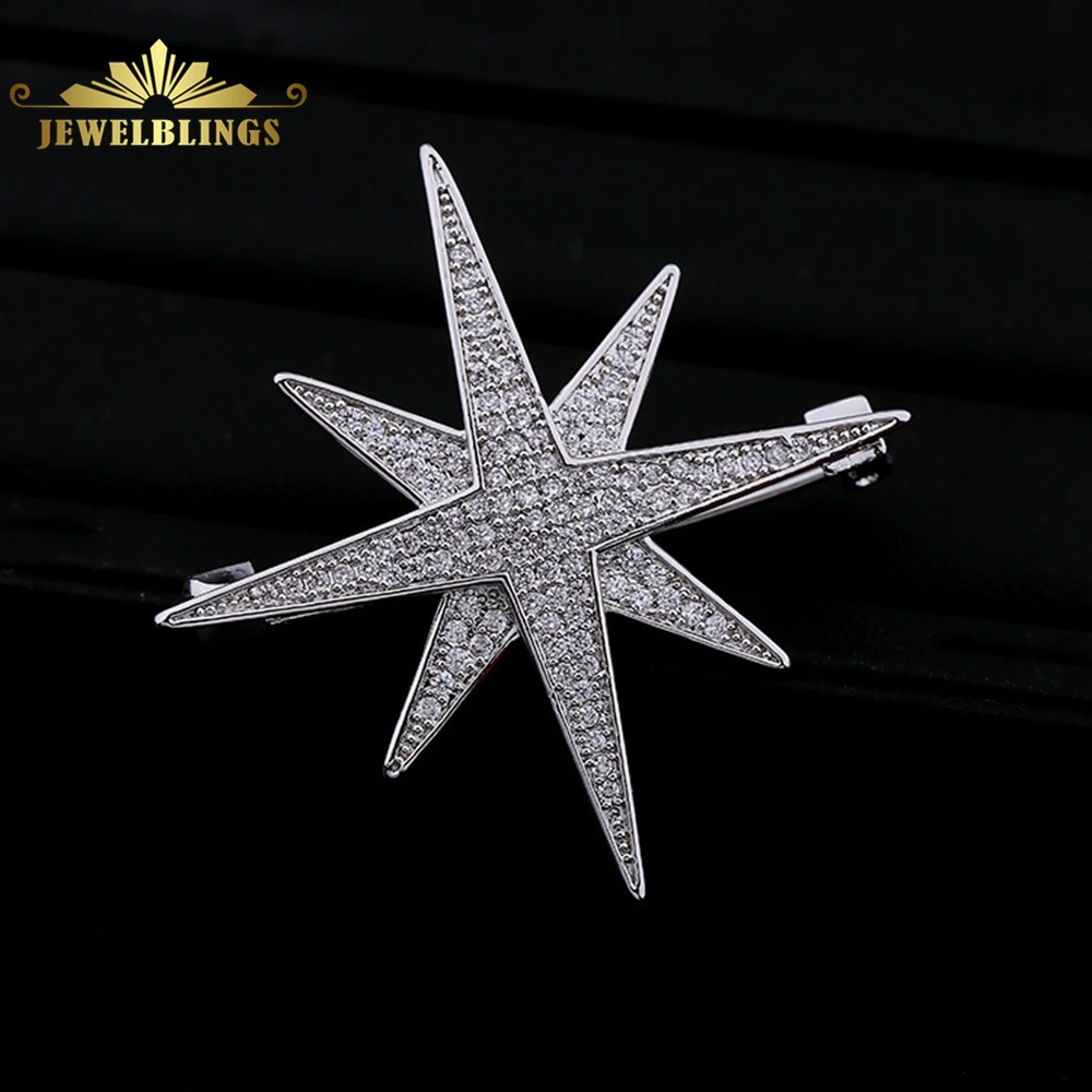 Shiny Full Micro Pave Clear CZ Double Layer 8 Point Small Star Burst Star Brooch Pins for Bag Hat V-neck Dress Sweater Accessory